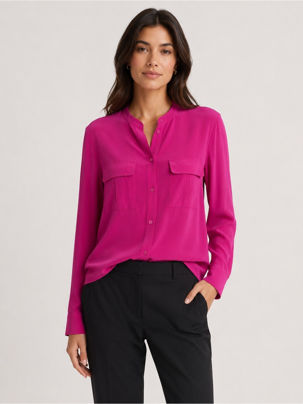 Vince Silk Blouse Sz S Pink Fuchsia Button Front Career Office Luxe Top